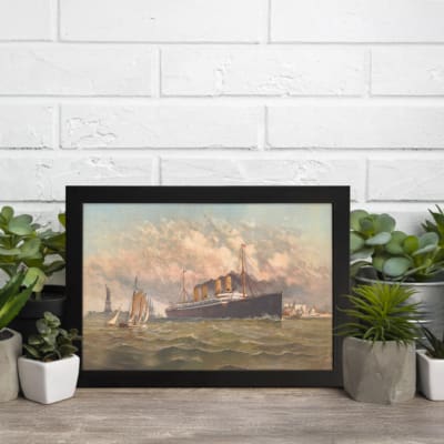 Vintage maritime wall art featuring a large ship, lighthouse, and sailboats on the ocean with a classic nautical theme and elegant black frame. displayed on the wall