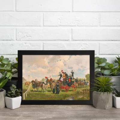 Vintage wall art with a horse-drawn carriage, people, green fields, and a soft blue sky. A historical countryside scene framed in black. displayed on the wall