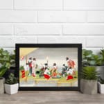 Vintage Japanese wall art with geishas in a tea ceremony, featuring red, white, black, and green tones in a serene outdoor setting with a black frame. displayed on the wall