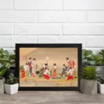 Vintage Japanese wall art with elegantly dressed kimono women in red, white, and beige tones, set in a calm scene with a soft beige background. displayed on the wall