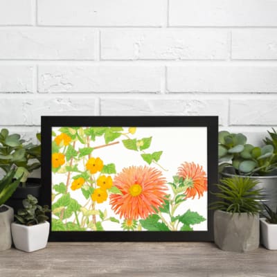 Vintage floral wall art featuring orange, yellow, and green flowers with a white background, framed elegantly for a timeless and classic look. displayed on the wall in a black frame