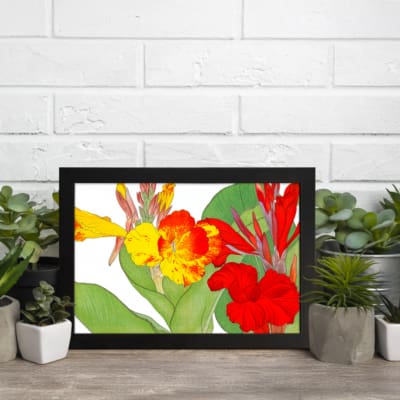 Vintage floral wall art with bright yellow and red flowers, green leaves, and a white background in a classic design. displayed on the wall