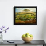 Vintage wall art showing a detailed gathering of people in a classic studio with warm colors, art pieces, and traditional decor. displayed on the wall in a black frame