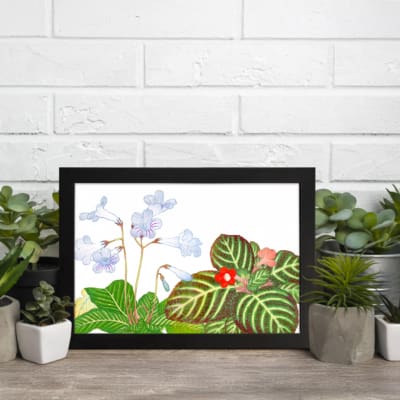 Infidu Vintage Floral Wall Art with light purple flowers, a small red flower, and dark green leaves on a white background. displayed on the wall