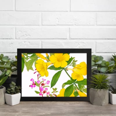 Infidu Vintage Floral Wall Art with yellow and pink flowers, green leaves, and a black frame on a white background. displayed on the wall
