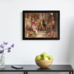 Vintage wall art of a classic indoor gathering with richly dressed people in a studio or royal court setting. displayed on the wall in a black frame