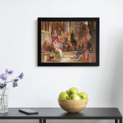 Vintage wall art of a classic indoor gathering with richly dressed people in a studio or royal court setting. displayed on the wall in a black frame