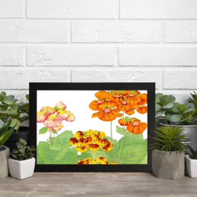 Infidu vintage wall art with orange, yellow, and pink flowers, and green leaves on a white background, framed in black for a timeless and elegant look. displayed on the wall