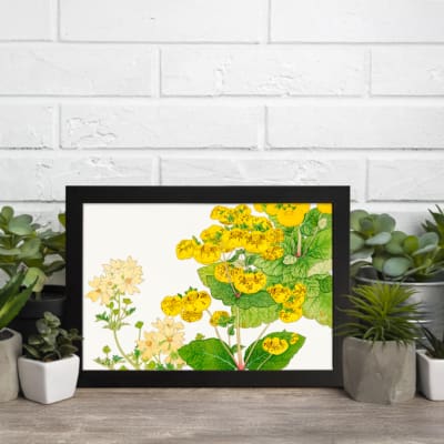 Infidu vintage wall art with bright yellow and pale yellow flowers, green leaves, and a black frame on a white background for an elegant look. displayed on the wall art in a black frame