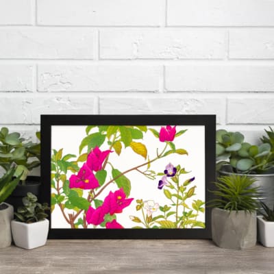 Infidu vintage wall art with bright pink, purple, and white flowers, green leaves, and a black frame on a white background for a classic look. displayed on the wall art in a black frame