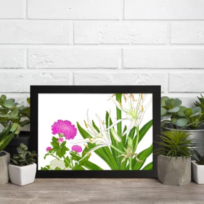 Infidu vintage wall art with delicate white and pink flowers, green leaves, and a black frame on a white background for a timeless botanical look. displayed on the wall art in a black frame