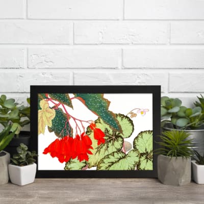 Infidu vintage wall art with bright red flowers, large green leaves, and a black frame on a white background for a classic and elegant look. displayed on the wall