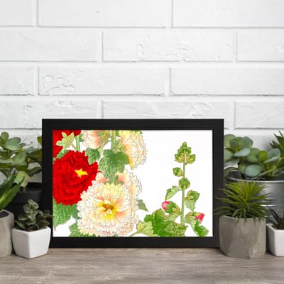 Infidu vintage wall art with red, white, and yellow flowers, green leaves, and a black frame on a white background for a timeless botanical look. displayed on the wall art in a black frame