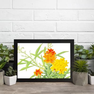 Infidu vintage wall art with orange and yellow flowers, green leaves, and a black frame on a white background for a timeless and elegant look. displayed on the wall art in a white frame