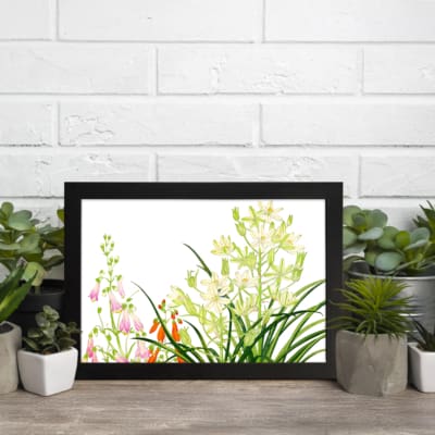 Infidu vintage wall art with green, pink, white, and orange flowers, lush leaves, and a black frame on a white background for a timeless look. displayed on the wall art in a black frame