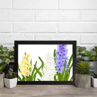 Infidu vintage wall art with yellow, white, and purple flowers, green leaves, and a black frame on a white background for a timeless botanical look. displayed on the wall art in a black frame