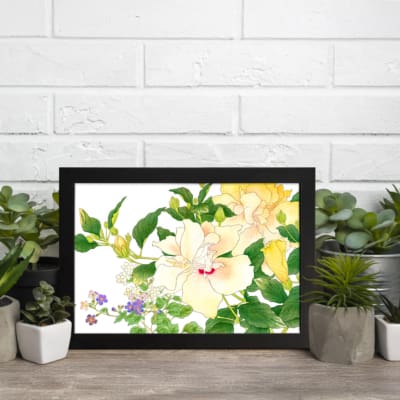 Infidu vintage wall art with soft yellow, white, and purple flowers, green leaves, and a black frame on a white background for a timeless botanical look. displayed on the wall