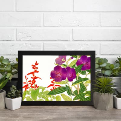 Infidu vintage wall art with deep purple and bright red flowers, green leaves, and a white background, framed in black for a classic and elegant look. displayed on the wall