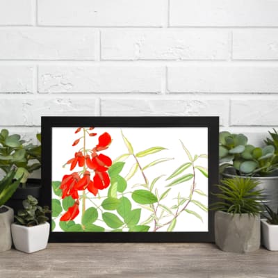 Infidu vintage wall art with bright red flowers and green leaves, set against a white background and framed in black for a classic and elegant look. displayed on the wall