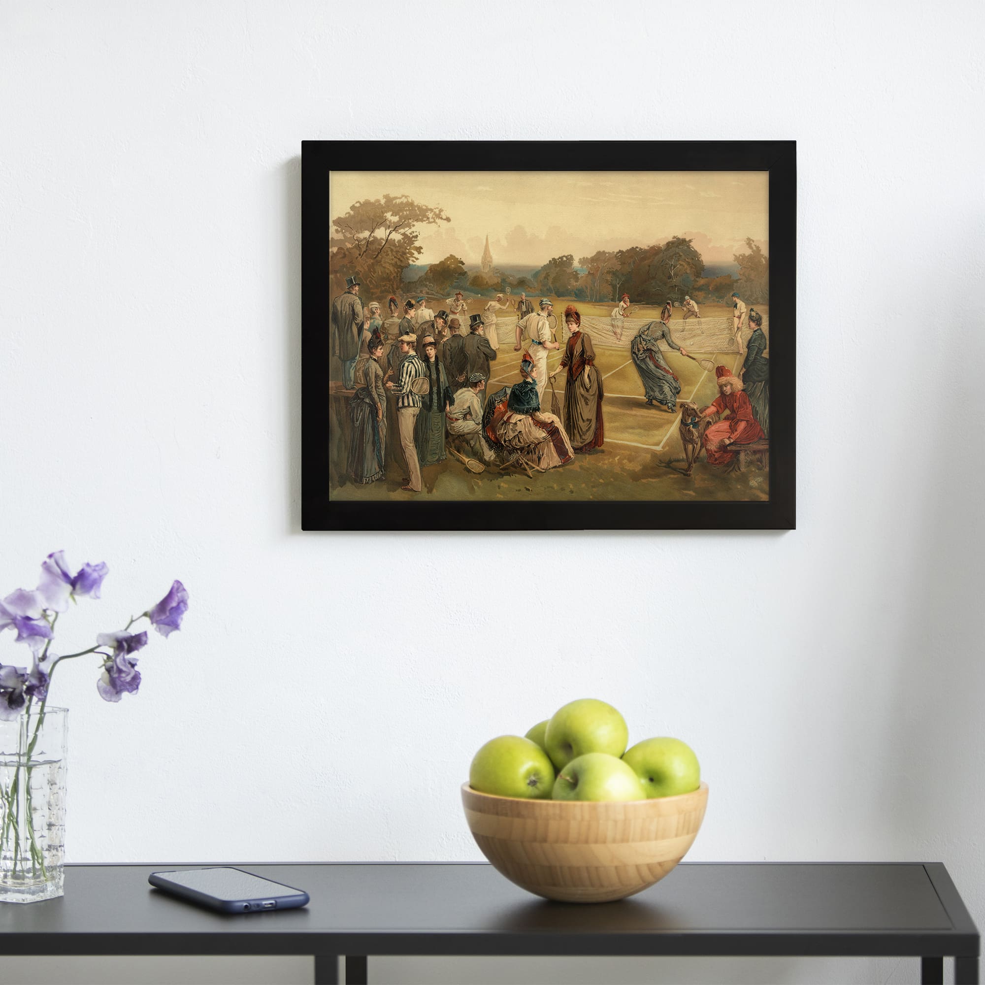 Infidu vintage wall art of a historical outdoor gathering with people in traditional attire, set in a warm, earthy-toned landscape. displayed on the wall art in a black frame