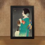 Infidu vintage wall art featuring a traditional Japanese woman in a teal kimono with intricate patterns, holding a fan and a small box, gazing at a glowing object against a muted gray background. displayed on the wall art in a black frame