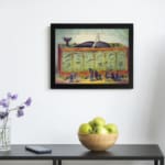 Vintage wall art of a whale exhibition featuring a large whale in a glass enclosure with spectators in classic attire and a nostalgic setting. displayed on the wall in a black frame