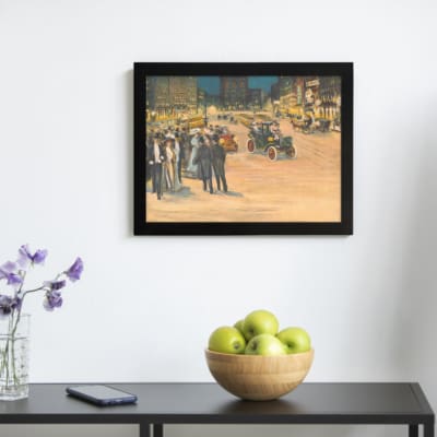 Infidu vintage wall art depicting a bustling city street scene with early 20th-century charm, featuring elegantly dressed people, vintage cars, and glowing city lights against tall buildings. displayed on the wall art in a black frame