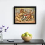 Vintage wall art of lion tamer in red outfit with multiple circus lions in dynamic poses inside a cage. displayed on the wall in a black frame Vintage wall art of lion tamer in red outfit with multiple circus lions in dynamic poses inside a cage. displayed on the wall in a black frame