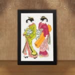 Two Japanese women in traditional green and red kimonos with decorative items, illustrated in elegant vintage style. displayed on the wall in a black frame