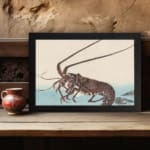 Infidu vintage wall art featuring a detailed Japanese lobster design with flowing legs, fine lines, and soft beige and blue tones. displayed on the wall art in a black frame