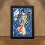 Japanese woman in colorful kimono with calligraphy background, vintage art style displayed on the wall in a black frame