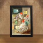 Infidu vintage wall art featuring a hand-painted cozy gnome scene with warm rustic colors, a glowing lantern, and a peaceful night sky view. displayed on the wall art in a black frame