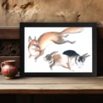 Infidu vintage wall art featuring a playful illustration of a jumping fox and two running rabbits in soft, natural colors against a clean white background. displayed on the wall art in a black frame