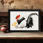 Infidu vintage wall art featuring a traditional-style rooster with two little chicks, set against a white background with bold black, white, red, and yellow tones. displayed on the wall art in a black frame