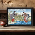 Infidu vintage wall art depicting a traditional Japanese scene with two women in detailed kimonos, a flowing blue river, and blooming trees in soft, earthy tones. displayed on the wall art in a black frame