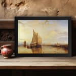 Infidu vintage wall art featuring a peaceful seascape with a large sailboat, warm sunset hues, and distant structures reflected in calm waters. displayed on the wall art in a black frame