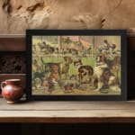 Vintage dog show art with various breeds in a classic exhibition setting, featuring warm earthy tones and nostalgic charm. displayed on the wall