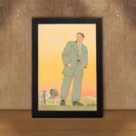 Vintage art of a man in a green suit standing with a bulldog against a warm orange and yellow background. displayed on the wall in a black frame