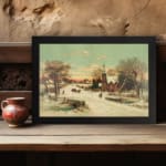 Vintage winter village wall art with snow-covered houses, a church, horse-drawn carriages, and a soft pastel sky for a nostalgic feel. displayed on the wall in a black frame