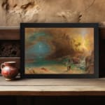 Vintage wall art of a mysterious coastal scene with glowing light, stormy sky, cliffs, and a lone figure walking along the shore. displayed on the wall in a black frame