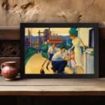 Vintage wall art of a loving early 20th-century family scene with warm colors, depicting a father, mother, and child in a nostalgic setting. displayed on the wall in a black frame