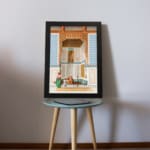 Vintage architectural wall art with historic figures, blue and gold tones, and a black frame for a classic and elegant look. displayed on the wall