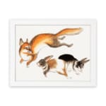 Vintage wall art of a fox and two rabbits in motion, hand-drawn in natural colors with a clean white background. hung on the wall