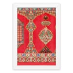 Vintage wall art with intricate red and gold patterns, floral and geometric designs, and a white frame for a timeless, decorative appeal. hung on the wall
