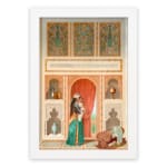 Vintage wall art with a Middle Eastern scene featuring a woman in a flowing outfit, ornate arches, and detailed architecture in warm and vibrant tones. hung on the wall