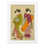 Vintage Japanese wall art with two women in traditional kimonos, featuring rich colors, fine details, and a soft beige background in a white frame. hung on the wall