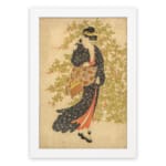 Vintage Japanese wall art of a woman in a kimono with floral patterns, set against a soft green and beige background. hung on the wall