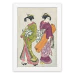 Vintage Japanese wall art with two women in kimonos, detailed patterns, and soft, rich colors. hung on the wall