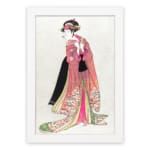 Vintage Japanese wall art of a woman in a floral kimono with intricate details, inspired by traditional woodblock prints. hung on the wall