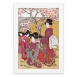 Vintage Japanese wall art with elegantly dressed women in kimonos, intricate patterns, and cherry blossom trees in a serene setting. hung on the wall in a white frame